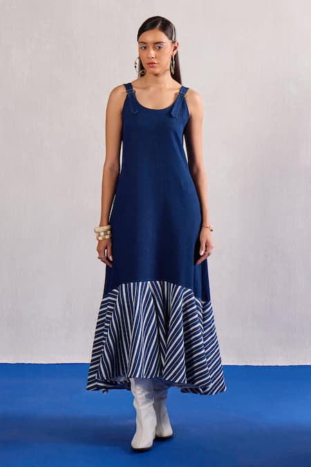 Zazu Denim & Striped Flounce Hem Maxi Dress 