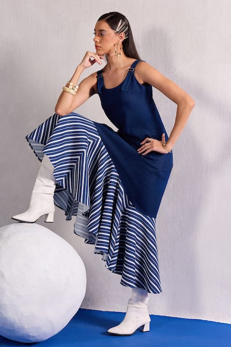 Buy_Zazu_Blue Denim, Cotton Round Neck And Striped Flounce Hem Maxi Dress _Online_at_Aza_Fashions