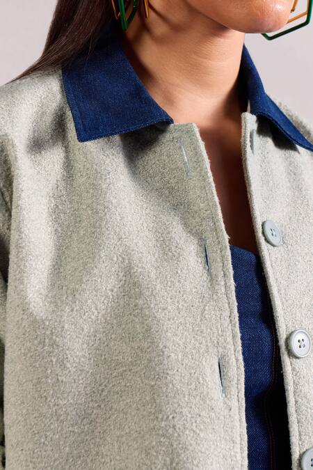 Buy_Zazu_Green Tweed, Denim Collared Nautical Contrast Panelled Jacket _Online_at_Aza_Fashions