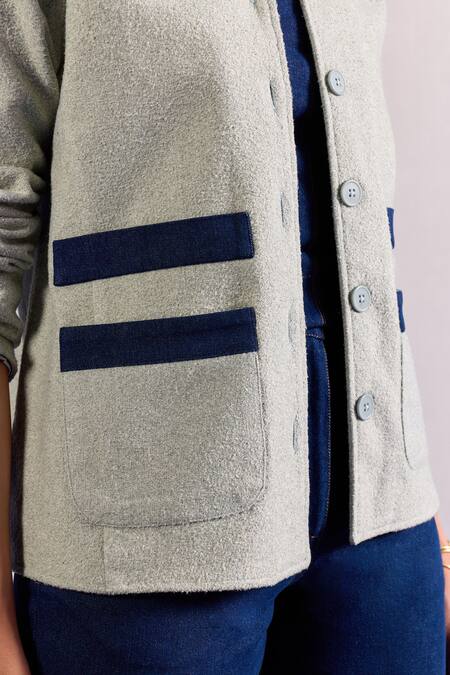 Shop_Zazu_Green Tweed, Denim Collared Nautical Contrast Panelled Jacket _Online_at_Aza_Fashions