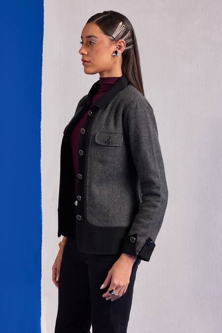 Zazu_Black Wool Collared Duchess Herringbone Pattern Jacket _Online_at_Aza_Fashions