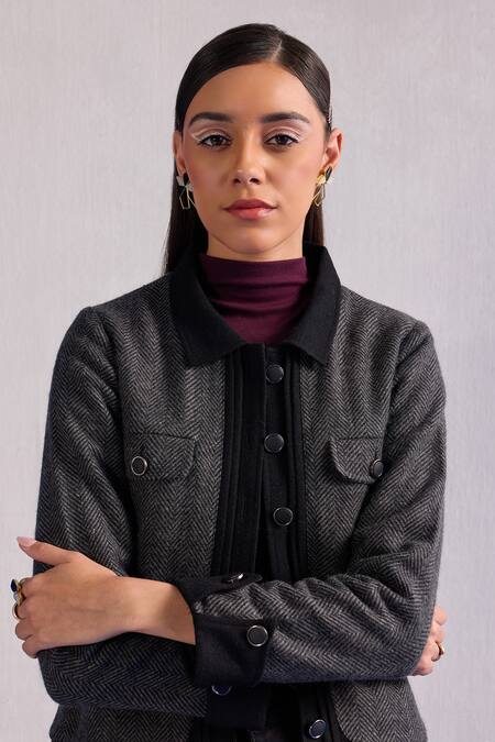 Shop_Zazu_Black Wool Collared Duchess Herringbone Pattern Jacket _Online_at_Aza_Fashions