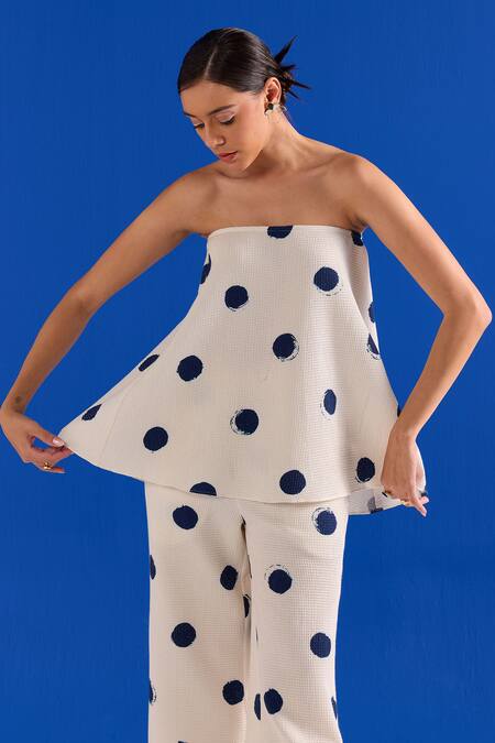Buy_Zazu_Off White Cotton Bandeau Neck Polka Dot Print Top And Palazzo Set _Online_at_Aza_Fashions