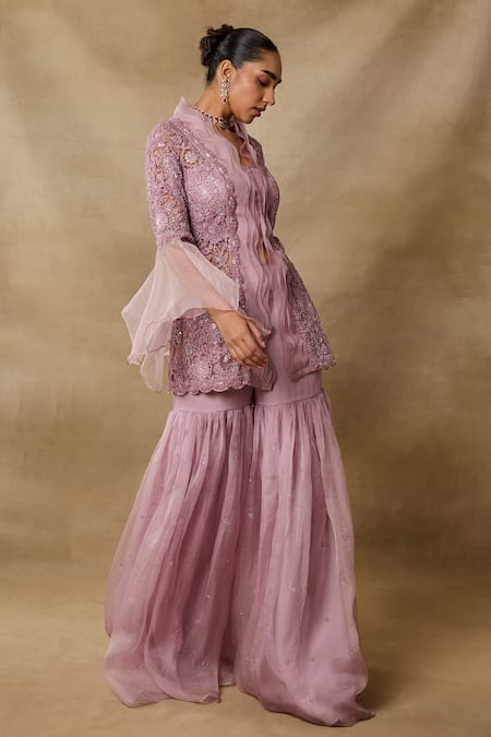 Awigna_Pink Organza, Net Sequins, Embroidery V-neck, Collared Peplum Top Gharara Set _Online_at_Aza_Fashions