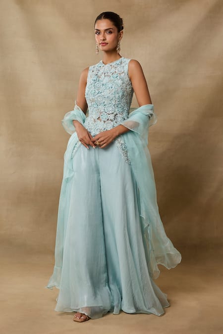 Awigna Embroidered Asymmetrical Top Sharara Dupatta Set 