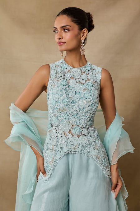Buy Awigna Aqua Organza, Net Sequins, Embroidery Round Asymmetrical Top Sharara Dupatta Set Online at Aza Fashions Buy_Awigna_Aqua Organza, Net Sequins, Embroidery Round Asymmetrical Top Sharara Dupatta Set _Online_at_Aza_Fashions