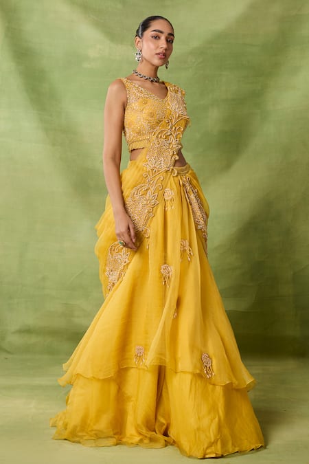 Awigna_Yellow Georgette, Net Embroidery, Zari, Sequins, Pre-draped Saree And Blouse Set _Online_at_Aza_Fashions