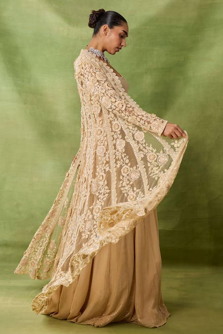 Awigna_Beige Net, Organza Embroidery, Sequins, Mirrors Open Poland Jacket Lehenga Set _Online_at_Aza_Fashions