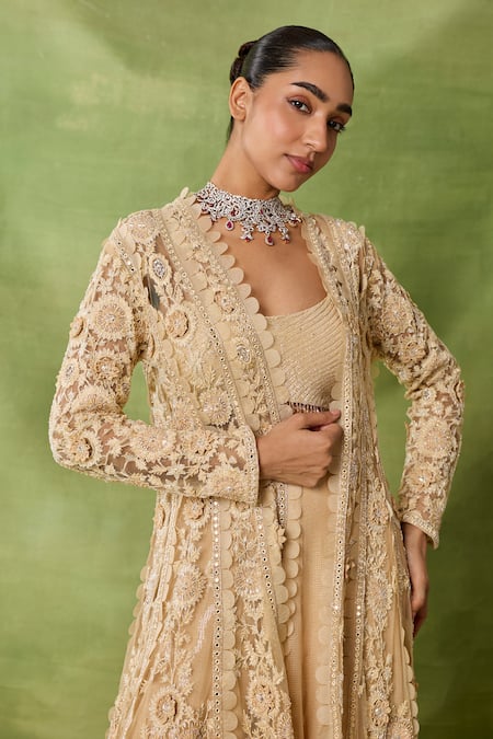 Shop_Awigna_Beige Net, Organza Embroidery, Sequins, Mirrors Open Poland Jacket Lehenga Set _Online_at_Aza_Fashions
