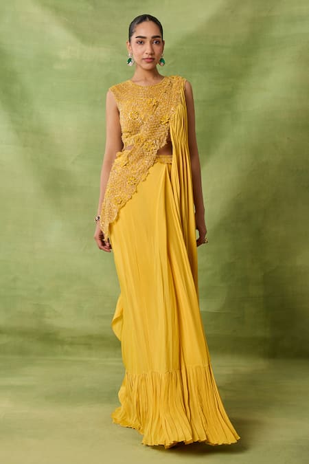 Awigna_Yellow Chiffon, Net Embroidery, Sequins, Beads Azhar Blouse And Draped Saree Set _Online_at_Aza_Fashions