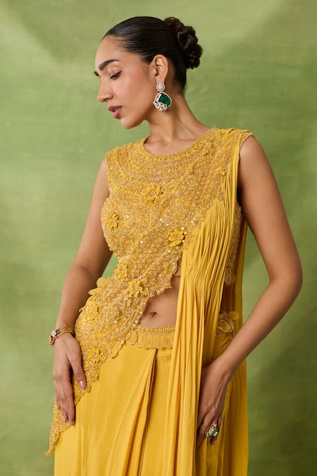 Buy_Awigna_Yellow Chiffon, Net Embroidery, Sequins, Beads Azhar Blouse And Draped Saree Set _Online_at_Aza_Fashions