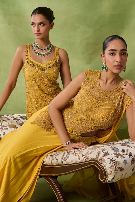 Shop_Awigna_Yellow Chiffon, Net Embroidery, Sequins, Beads Azhar Blouse And Draped Saree Set _Online_at_Aza_Fashions