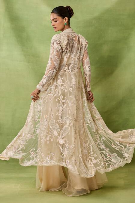 Buy_Awigna_Ivory Organza, Net Embroidery, Ruffles, Sequins Celestite Jacket Sharara Set _Online_at_Aza_Fashions