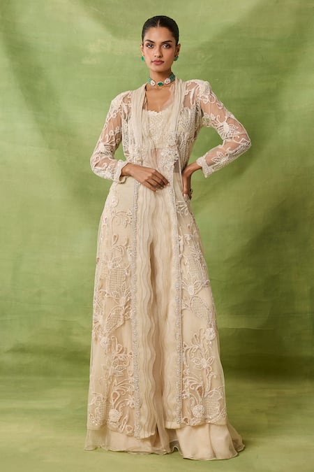 Awigna_Ivory Organza, Net Embroidery, Sequins Scoop Neck, Zircon Jacket Lehenga Set _Online_at_Aza_Fashions