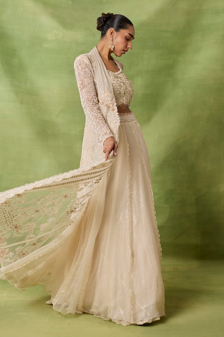 Buy_Awigna_Ivory Organza, Net Embroidery, Sequins Scoop Neck, Zircon Jacket Lehenga Set _Online_at_Aza_Fashions