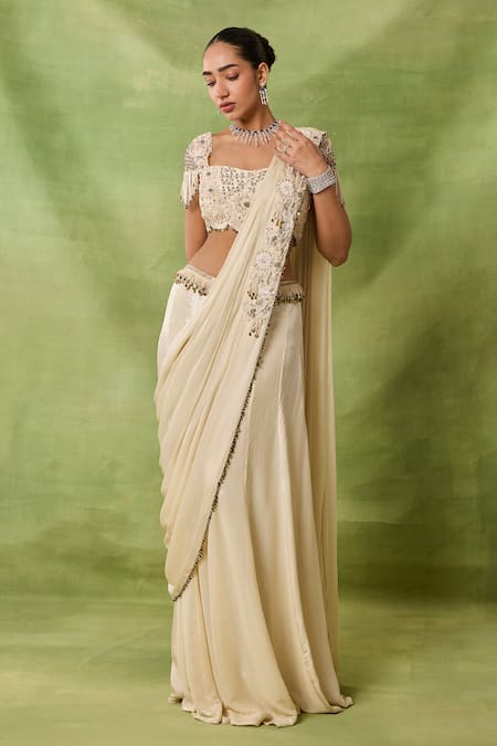 Awigna_Ivory Silk Sequins, Beads, Tassels Zahira Embroidered Blouse And Draped Saree Set _Online_at_Aza_Fashions
