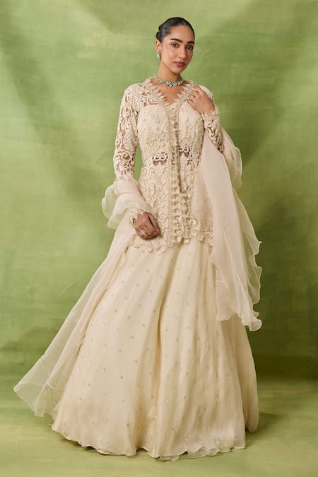 Awigna Caramine Embroidered Peplum Kurta Lehenga Set 