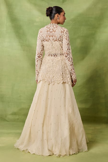 Awigna Caramine Embroidered Peplum Kurta Lehenga Set 