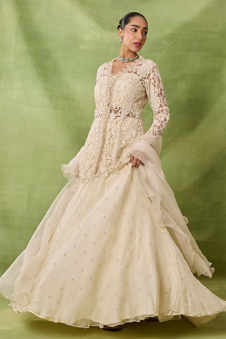 Awigna_Ivory Organza, Net Embroidery, Sequins, Caramine Peplum Kurta Lehenga Set _Online_at_Aza_Fashions