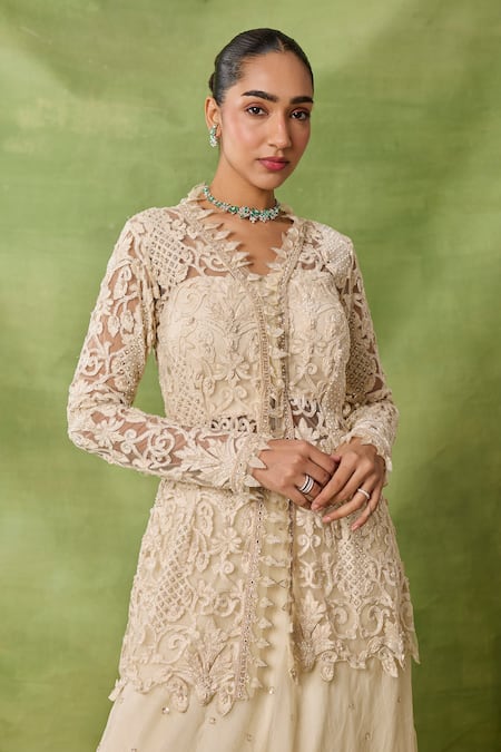Buy_Awigna_Ivory Organza, Net Embroidery, Sequins, Caramine Peplum Kurta Lehenga Set _Online_at_Aza_Fashions