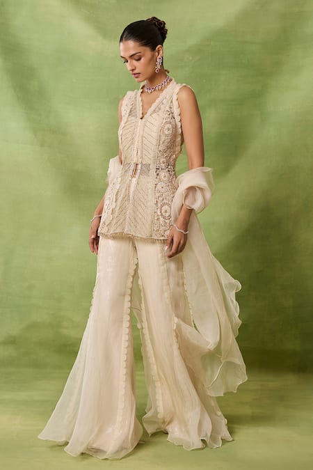 Awigna_Ivory Organza, Net Embroidery, Beads, Cut Navratna Peplum Kurta Sharara Set _Online_at_Aza_Fashions