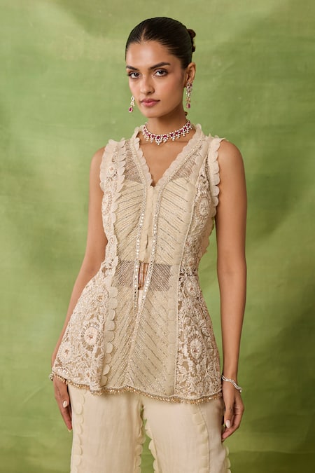 Buy_Awigna_Ivory Organza, Net Embroidery, Beads, Cut Navratna Peplum Kurta Sharara Set _Online_at_Aza_Fashions