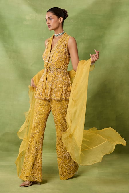 Awigna_Yellow Net Embroidery, Beads, Sequins V-neck, Emerald Peplum Top And Pant Set _Online_at_Aza_Fashions