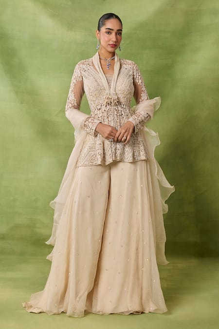 Awigna Maya Embroidered Peplum Top Sharara Set 