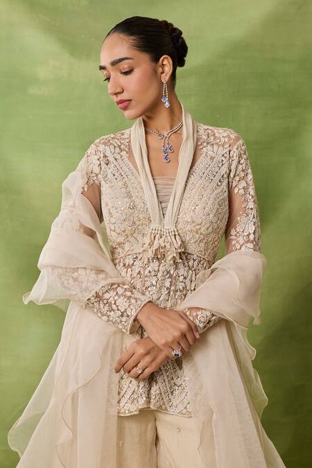 Buy_Awigna_Ivory Organza, Net Embroidery, Sequins, Beads Maya Peplum Top Sharara Set _Online_at_Aza_Fashions