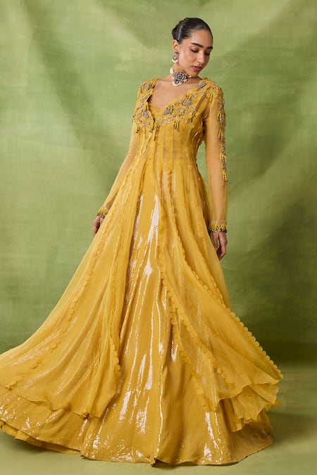 Awigna_Yellow Organza, Net Embroidery, Beads, Ruhaab Dimensional Jacket Lehenga Set _Online_at_Aza_Fashions