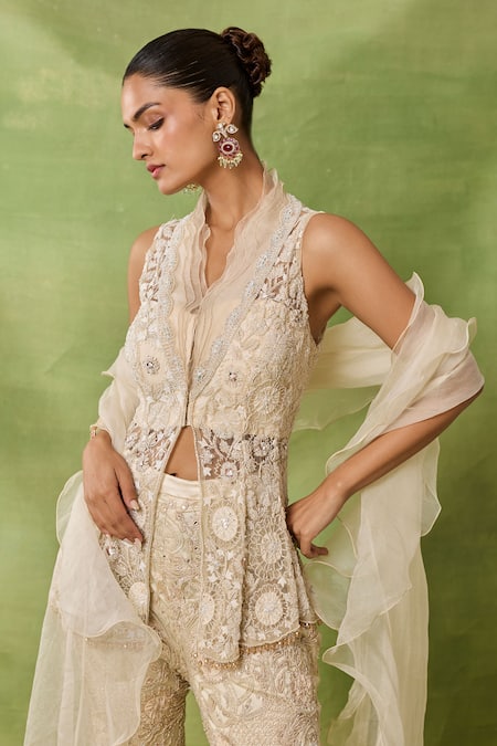 Awigna_Ivory Organza, Net Embroidery, Beads, Ruffles High Emerald Peplum Top Pant Set _Online_at_Aza_Fashions