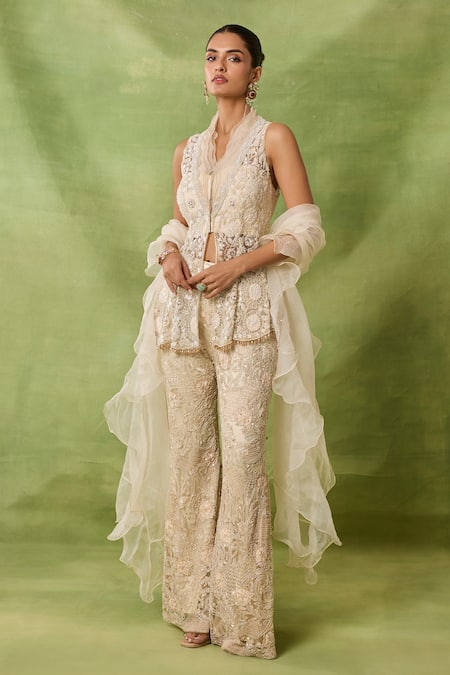 Buy_Awigna_Ivory Organza, Net Embroidery, Beads, Ruffles High Emerald Peplum Top Pant Set _Online_at_Aza_Fashions