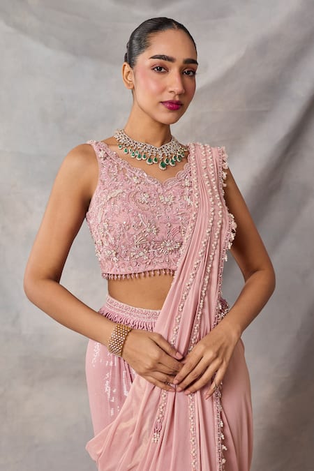 Buy Awigna Pink Georgette, Satin Sequins, Emma Embroidered Blouse And Pre-draped Saree Set Online at Aza Fashions Buy_Awigna_Pink Georgette, Satin Sequins, Emma Embroidered Blouse And Pre-draped Saree Set _Online_at_Aza_Fashions