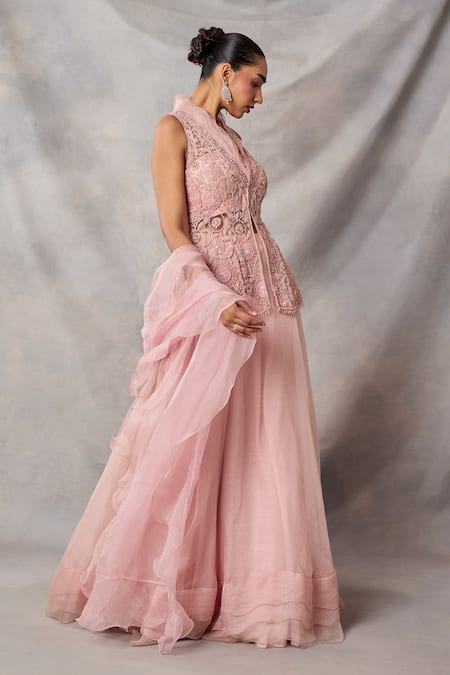Awigna_Pink Organza, Net Embroidery, Beads, Sequins, Ebonee Peplum Top Skirt Set _Online_at_Aza_Fashions