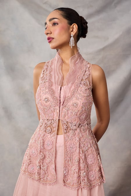 Buy_Awigna_Pink Organza, Net Embroidery, Beads, Sequins, Ebonee Peplum Top Skirt Set _Online_at_Aza_Fashions