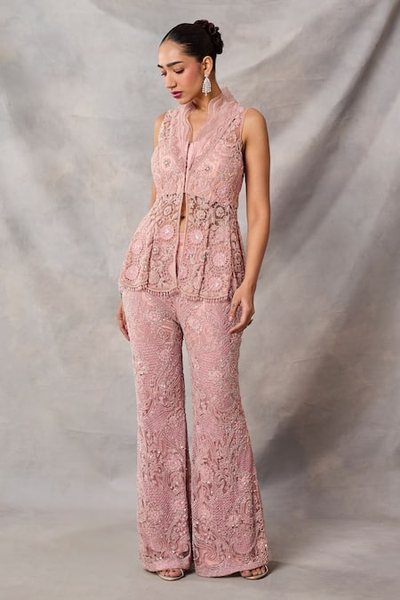 Awigna_Pink Organza, Net Embroidery, Sequins, Beads, Emerald Peplum Top Pant Set _Online_at_Aza_Fashions