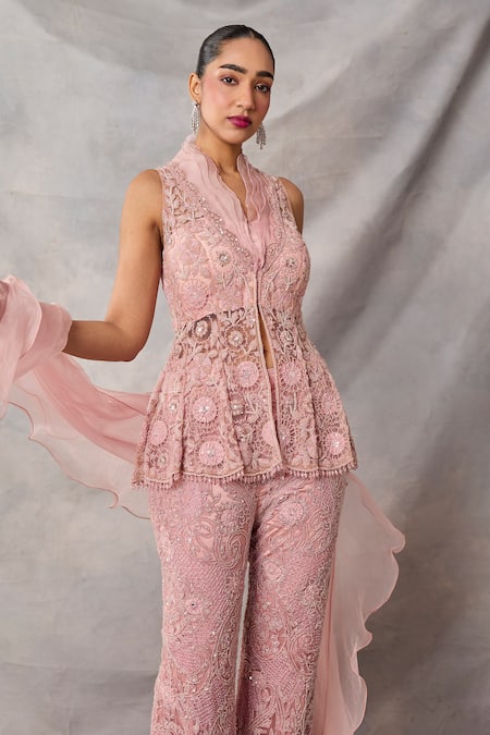 Buy_Awigna_Pink Organza, Net Embroidery, Sequins, Beads, Emerald Peplum Top Pant Set _Online_at_Aza_Fashions