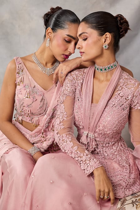 Shop_Awigna_Pink Organza, Net Embroidery, Sequins, Beads, Emerald Peplum Top Pant Set _Online_at_Aza_Fashions