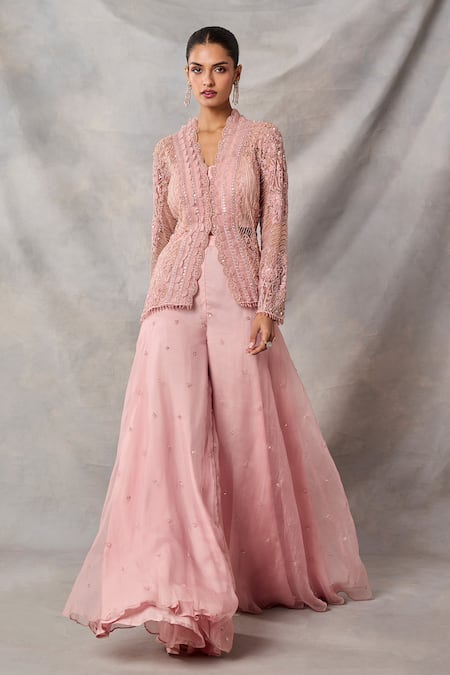 Awigna Pink Organza Embroidery, Sequins V-neck Aminah Peplum Top Sharara Set Online at Aza Fashions Awigna_Pink Organza Embroidery, Sequins V-neck Aminah Peplum Top Sharara Set _Online_at_Aza_Fashions