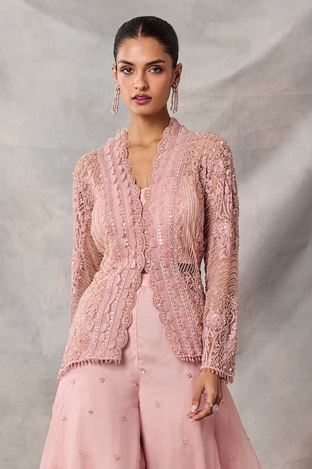 Buy Awigna Pink Organza Embroidery, Sequins V-neck Aminah Peplum Top Sharara Set Online at Aza Fashions Buy_Awigna_Pink Organza Embroidery, Sequins V-neck Aminah Peplum Top Sharara Set _Online_at_Aza_Fashions
