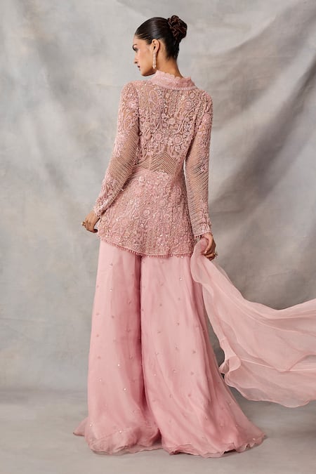 Shop Awigna Pink Organza Embroidery, Sequins V-neck Aminah Peplum Top Sharara Set at Aza Fashions Shop_Awigna_Pink Organza Embroidery, Sequins V-neck Aminah Peplum Top Sharara Set _at_Aza_Fashions
