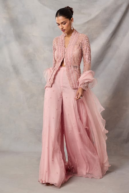 Shop Awigna Pink Organza Embroidery, Sequins V-neck Aminah Peplum Top Sharara Set Online at Aza Fashions Shop_Awigna_Pink Organza Embroidery, Sequins V-neck Aminah Peplum Top Sharara Set _Online_at_Aza_Fashions