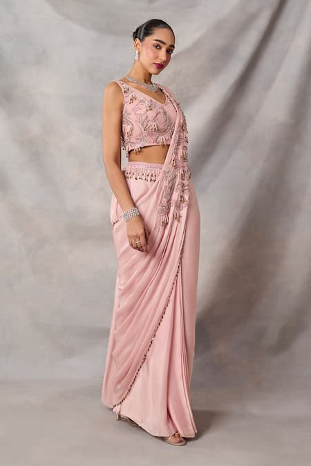 Awigna Pink Georgette, Satin Sequins, Beads, Tassels, Alia Blouse And Draped Saree Set Online at Aza Fashions Awigna_Pink Georgette, Satin Sequins, Beads, Tassels, Alia Blouse And Draped Saree Set _Online_at_Aza_Fashions