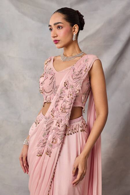 Buy Awigna Pink Georgette, Satin Sequins, Beads, Tassels, Alia Blouse And Draped Saree Set Online at Aza Fashions Buy_Awigna_Pink Georgette, Satin Sequins, Beads, Tassels, Alia Blouse And Draped Saree Set _Online_at_Aza_Fashions