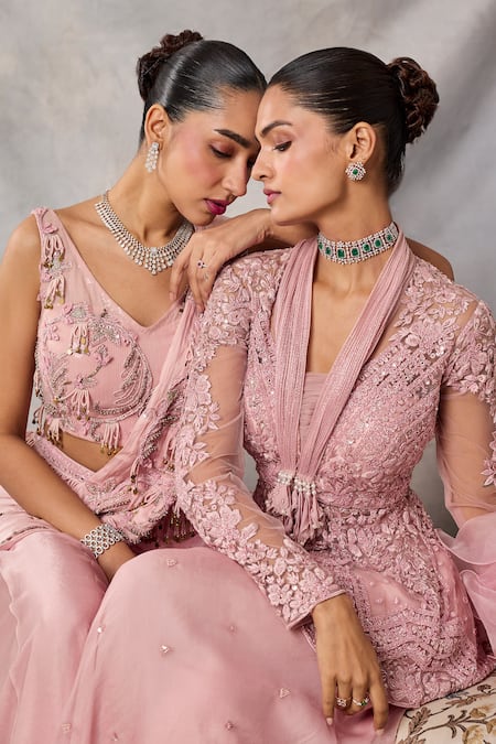 Shop Awigna Pink Georgette, Satin Sequins, Beads, Tassels, Alia Blouse And Draped Saree Set Online at Aza Fashions Shop_Awigna_Pink Georgette, Satin Sequins, Beads, Tassels, Alia Blouse And Draped Saree Set _Online_at_Aza_Fashions
