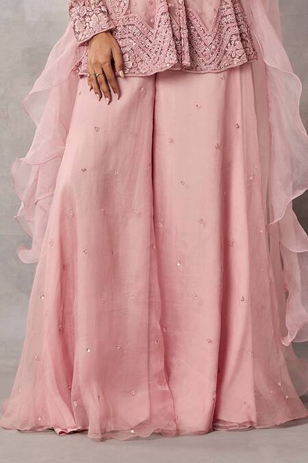 Awigna_Pink Organza Embroidery, Tassels, Sequins, Ruffles Maya Peplum Top Sharara Set _Online_at_Aza_Fashions