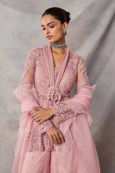 Shop_Awigna_Pink Organza Embroidery, Tassels, Sequins, Ruffles Maya Peplum Top Sharara Set _Online_at_Aza_Fashions