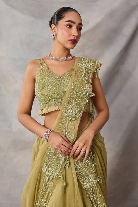 Awigna_Green Organza, Net Embroidery, Sequins, Fiora Pre-draped Skirt Saree Blouse Set _Online_at_Aza_Fashions