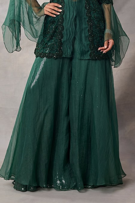 Awigna_Green Net, Organza Sequins, Embroidery Mandarin Bianca Kurta With Sharara _Online_at_Aza_Fashions
