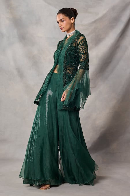 Buy_Awigna_Green Net, Organza Sequins, Embroidery Mandarin Bianca Kurta With Sharara _Online_at_Aza_Fashions